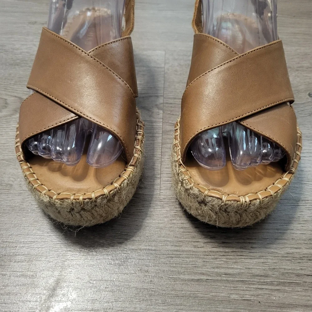 Alohas Tan Leather Crossed Platform Espadrille Sandals Brown Womens US 6 EU 36